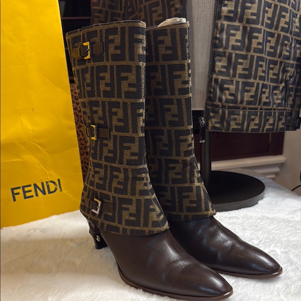 Fendi Women's Brown and Tan Zucca Boots.